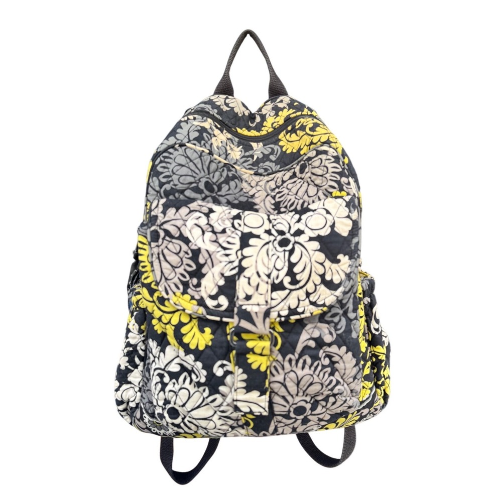 Vera Bradley Quilted Cotton Backpack Yellow Grey Floral Damask School Travel Bag
